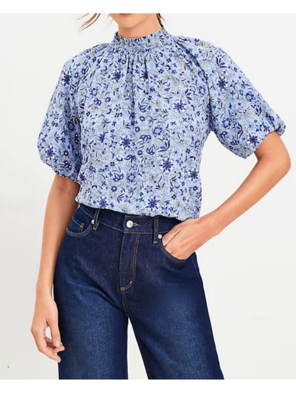 LOFT Smocked Neck Blue Floral Puff-Sleeve Top